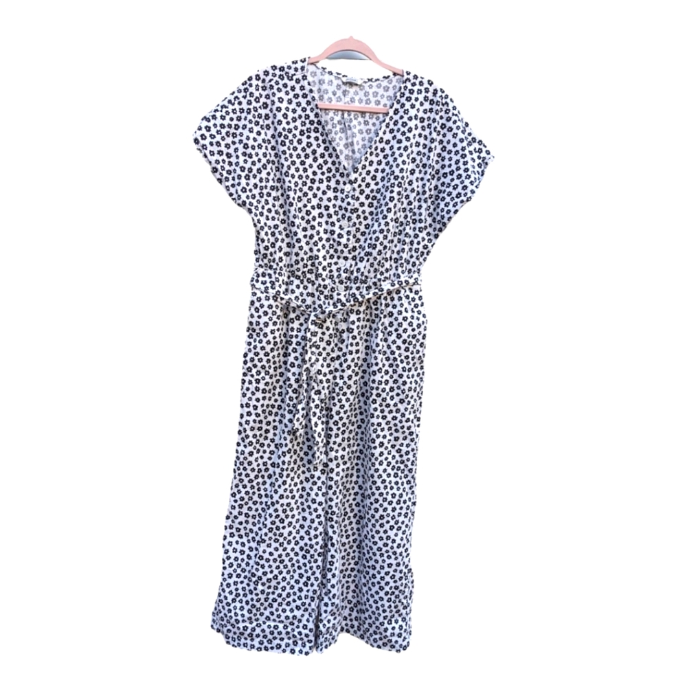 MonkL Black and White Retro Floral Short Sleeve Cotton Jumpsuit Size‎ L/XL